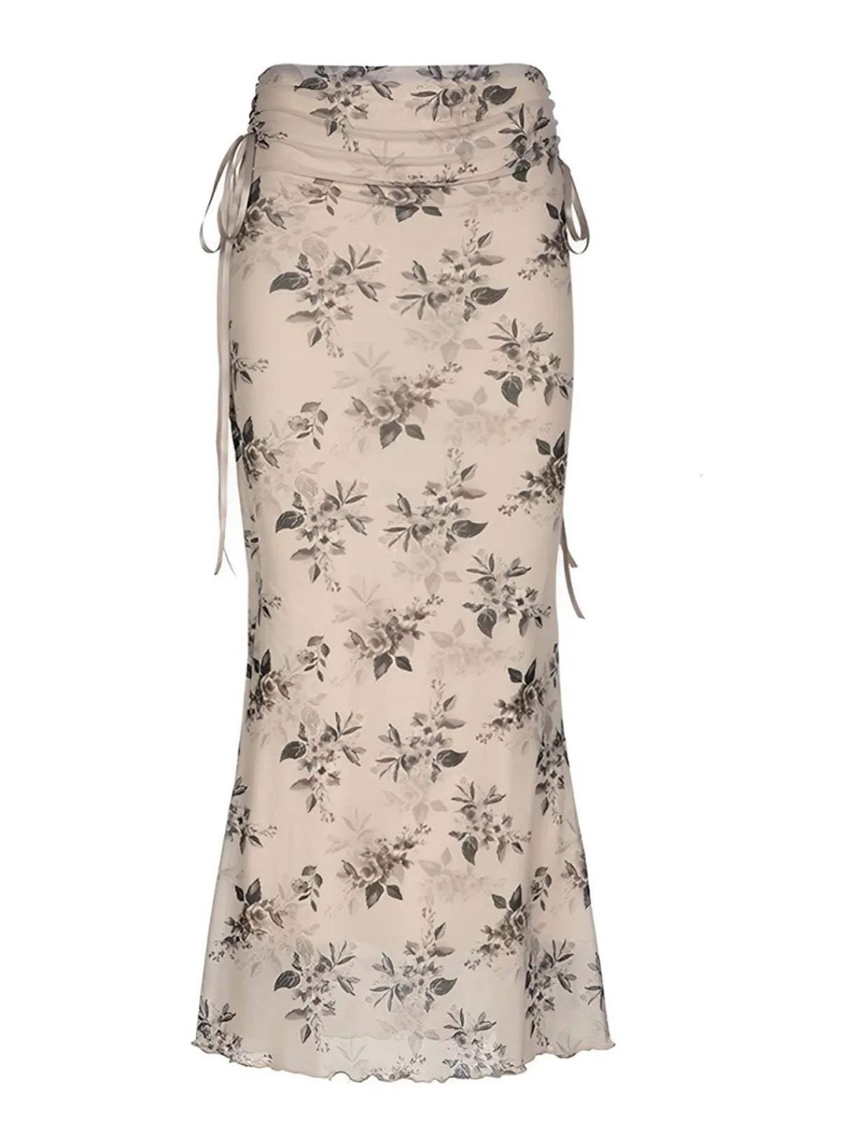 Sale Retro Stage 1930s Plants Double Mesh Fishtail Skirt Khaki