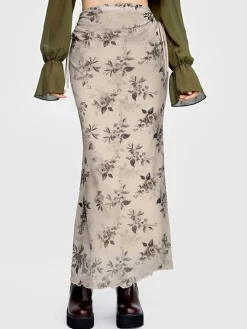 Sale Retro Stage 1930s Plants Double Mesh Fishtail Skirt Khaki