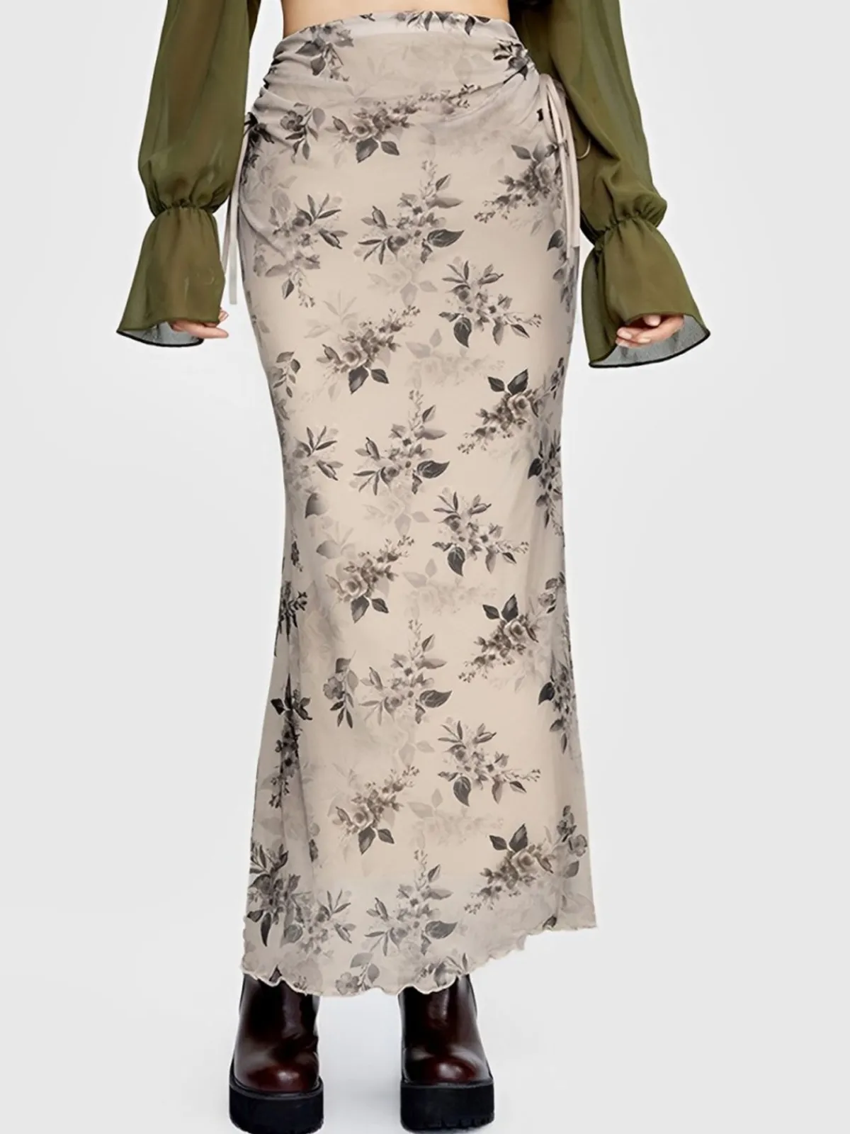 Sale Retro Stage 1930s Plants Double Mesh Fishtail Skirt Khaki