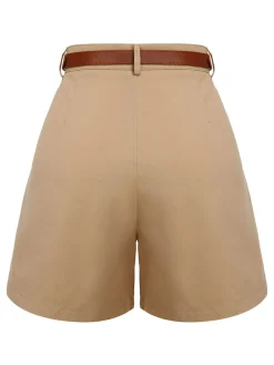 Fashion Retro Stage 1950s Solid Cotton Blend Belted Shorts Khaki
