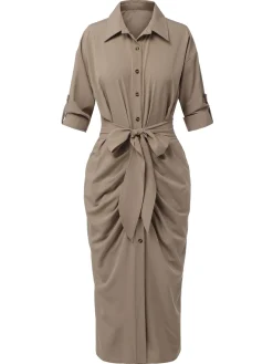 Fashion Retro Stage 1960s Solid Fold Pleated Lapel Dress Khaki