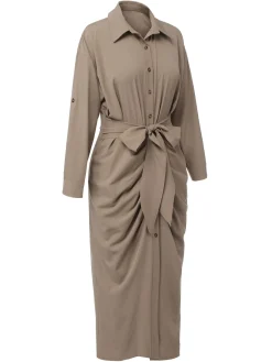 Fashion Retro Stage 1960s Solid Fold Pleated Lapel Dress Khaki