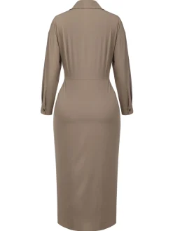 Fashion Retro Stage 1960s Solid Fold Pleated Lapel Dress Khaki