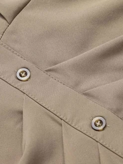Fashion Retro Stage 1960s Solid Fold Pleated Lapel Dress Khaki