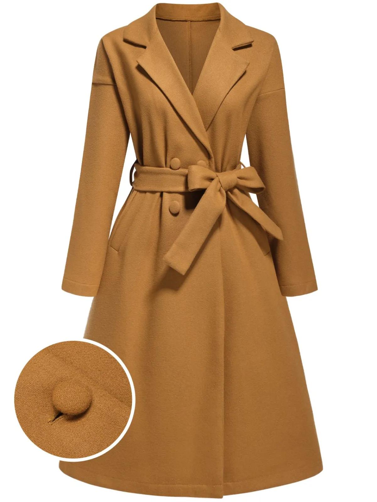 Fashion Retro Stage 1960s Turn-Up Collar Solid Belted Coat Khaki