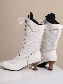 New Retro Stage Lace Patchwork Lace-Up Calf-High Boots