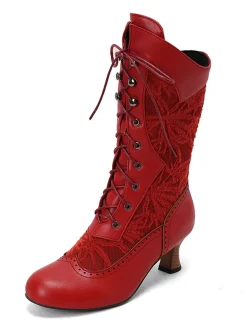 New Retro Stage Lace Patchwork Lace-Up Calf-High Boots