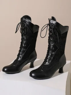 New Retro Stage Lace Patchwork Lace-Up Calf-High Boots