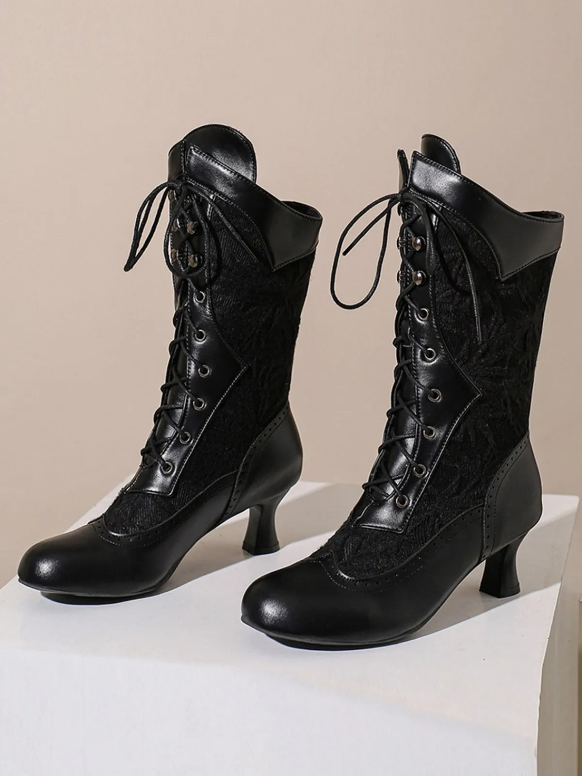 New Retro Stage Lace Patchwork Lace-Up Calf-High Boots
