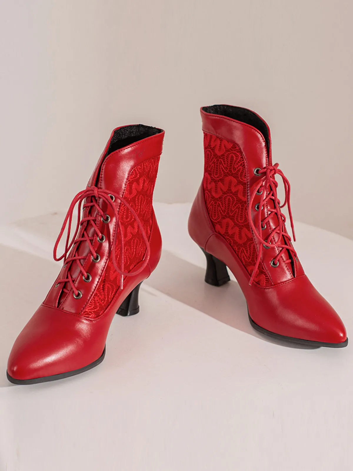 Sale Retro Stage Lace Pointed Leather Heel Vintage Boots