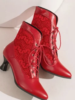 Sale Retro Stage Lace Pointed Leather Heel Vintage Boots