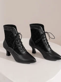 Sale Retro Stage Lace Pointed Leather Heel Vintage Boots