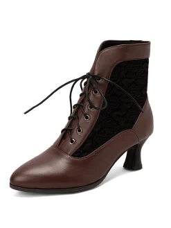 Sale Retro Stage Lace Pointed Leather Heel Vintage Boots