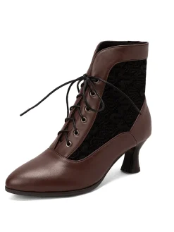Sale Retro Stage Lace Pointed Leather Heel Vintage Boots