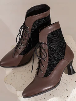 Sale Retro Stage Lace Pointed Leather Heel Vintage Boots