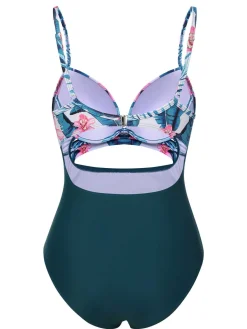 Hot Retro Stage 1930s Spaghetti Strap Floral Swimsuit Lake Green