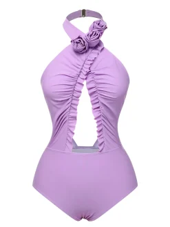 Outlet Retro Stage 1940s 3D Flowers Halter One-Piece Swimsuit Lavender