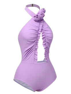 Outlet Retro Stage 1940s 3D Flowers Halter One-Piece Swimsuit Lavender