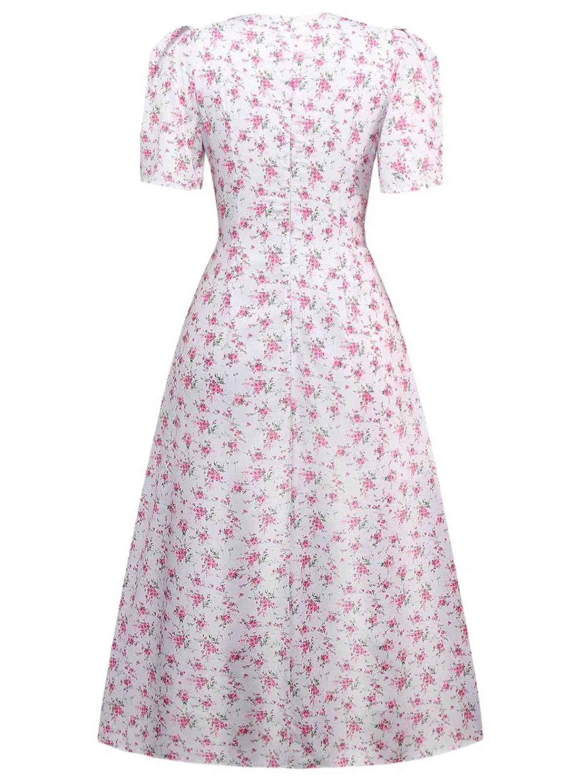 Sale Retro Stage 1940s Ditsy Floral V-Neck Puff Sleeve Dress Lavender
