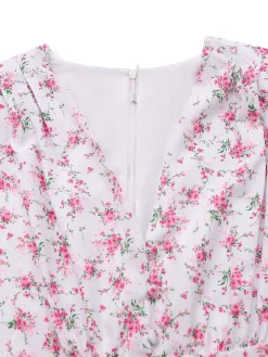 Sale Retro Stage 1940s Ditsy Floral V-Neck Puff Sleeve Dress Lavender