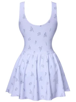 New Retro Stage 1940s Floral Button Swim Dress Lavender
