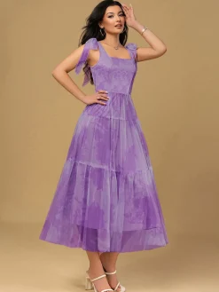 Best Retro Stage 1930s Floral Lace-Up Mesh Dress Lavender