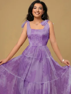 Best Retro Stage 1930s Floral Lace-Up Mesh Dress Lavender