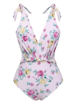 Best Retro Stage 1940s Floral Shoulder Tie Swimsuit Lavender