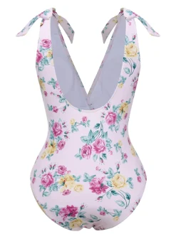 Best Retro Stage 1940s Floral Shoulder Tie Swimsuit Lavender