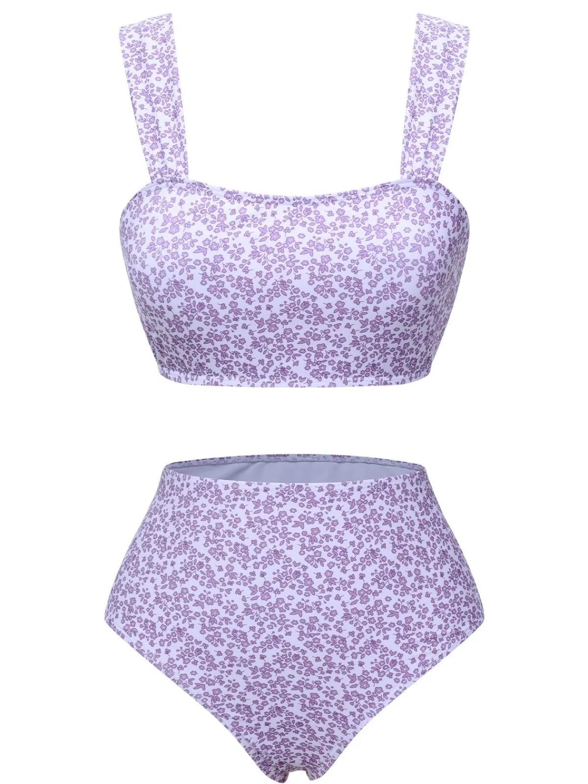 Fashion Retro Stage 1950s Floral Wide Strap Swimsuit Lavender
