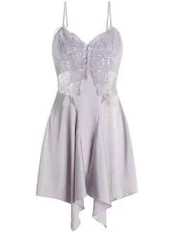 Outlet Retro Stage 1970s Lace Patchwork Stitching Butterfly Nightgown Lavender