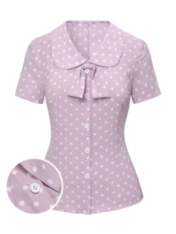 Online Retro Stage 1940s Polka Dots Lapel Blouse Lavender
