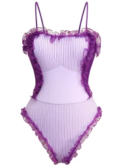 New Retro Stage 1950s Stripe Mesh Ruffle One-Piece Swimsuit Lavender