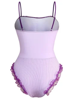 New Retro Stage 1950s Stripe Mesh Ruffle One-Piece Swimsuit Lavender