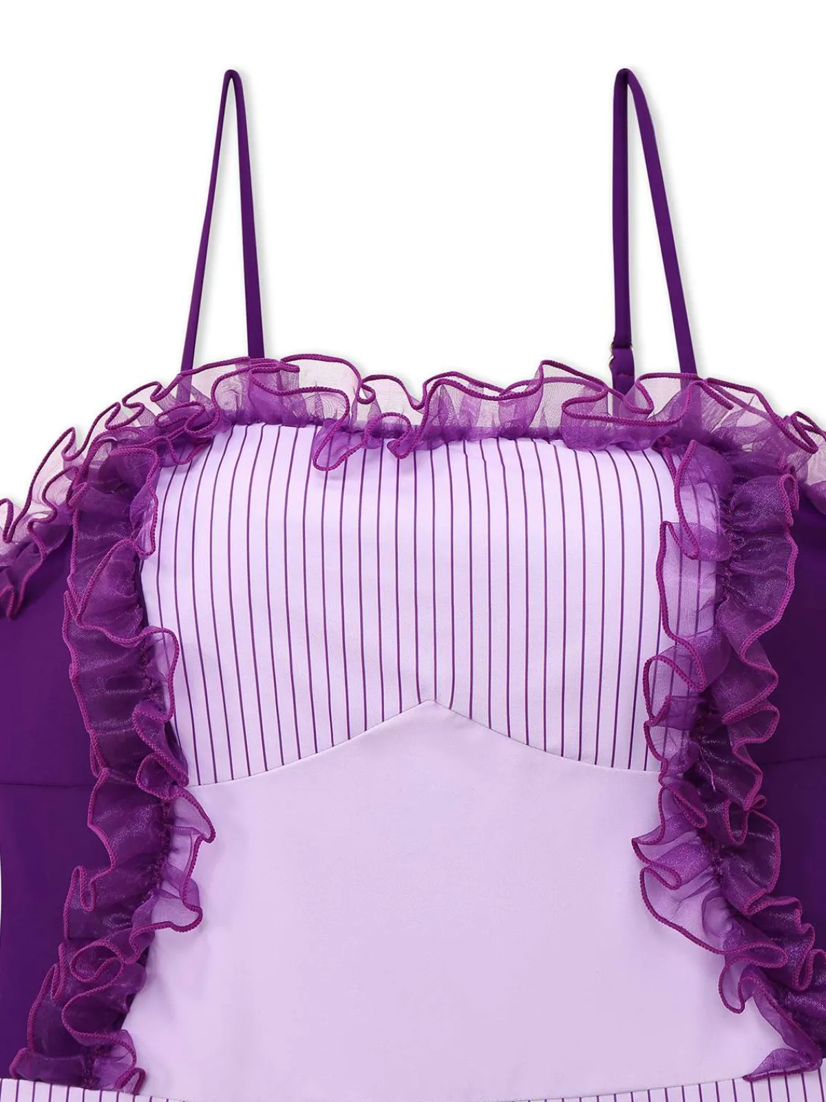 New Retro Stage 1950s Stripe Mesh Ruffle One-Piece Swimsuit Lavender