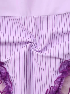 New Retro Stage 1950s Stripe Mesh Ruffle One-Piece Swimsuit Lavender