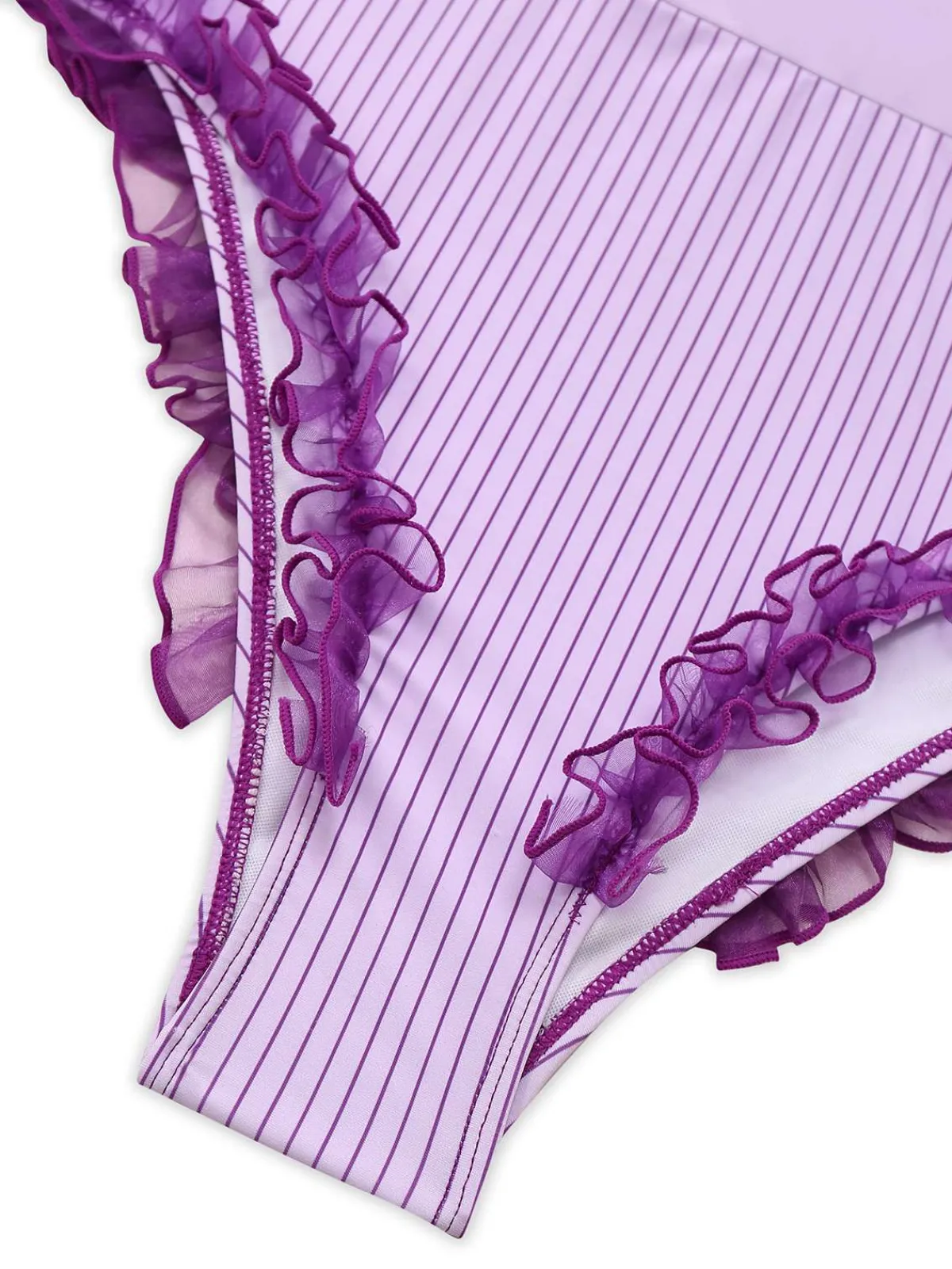 New Retro Stage 1950s Stripe Mesh Ruffle One-Piece Swimsuit Lavender