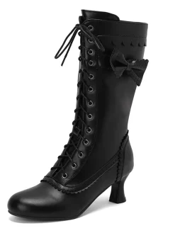Best Retro Stage Leather Bow Lace-Up Calf High Boots