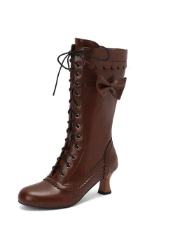 Best Retro Stage Leather Bow Lace-Up Calf High Boots
