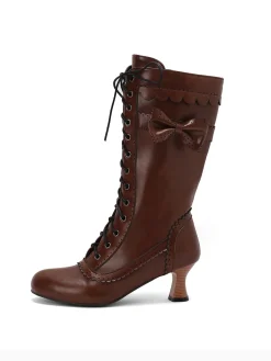 Best Retro Stage Leather Bow Lace-Up Calf High Boots