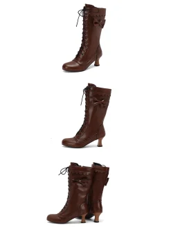 Best Retro Stage Leather Bow Lace-Up Calf High Boots