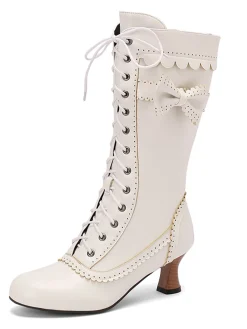 Best Retro Stage Leather Bow Lace-Up Calf High Boots