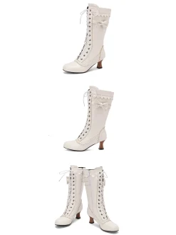 Best Retro Stage Leather Bow Lace-Up Calf High Boots