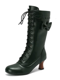 Best Retro Stage Leather Bow Lace-Up Calf High Boots