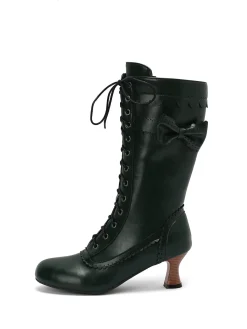 Best Retro Stage Leather Bow Lace-Up Calf High Boots