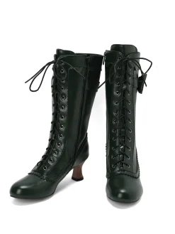 Best Retro Stage Leather Bow Lace-Up Calf High Boots