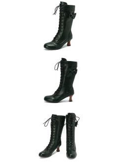 Best Retro Stage Leather Bow Lace-Up Calf High Boots