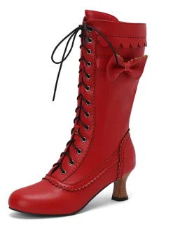 Best Retro Stage Leather Bow Lace-Up Calf High Boots
