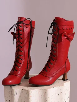 Best Retro Stage Leather Bow Lace-Up Calf High Boots