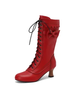 Best Retro Stage Leather Bow Lace-Up Calf High Boots